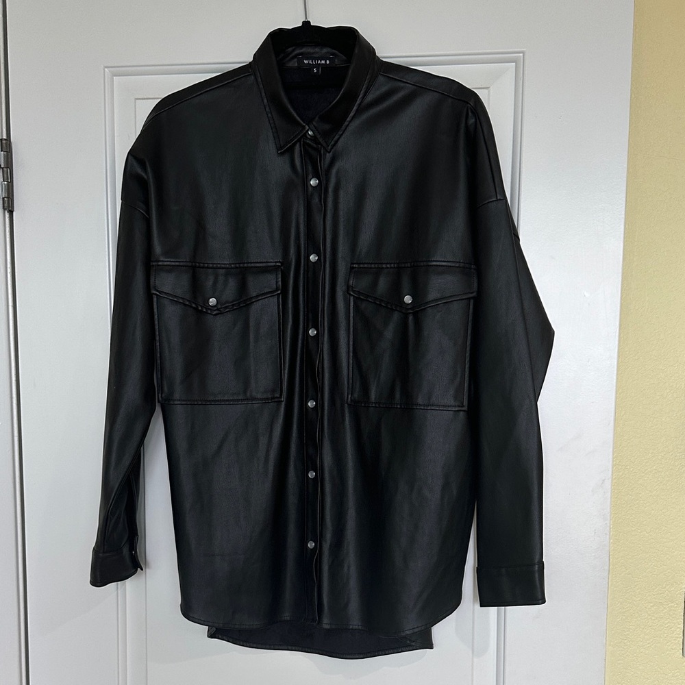 Black Faux Leather Button-Up Jacket